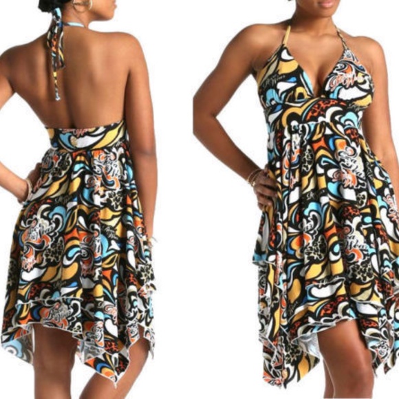 NEW  Rocawear Y2K 90 psychedelic Hippie Funky Print  Ruffle Halter Dress L - Picture 1 of 17